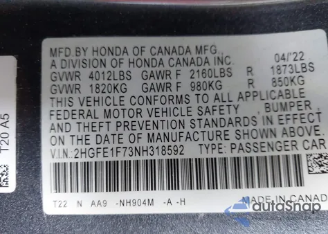 2022 Honda Civic Ex из США, поврежденный, VIN 2HGFE1F73NH318592